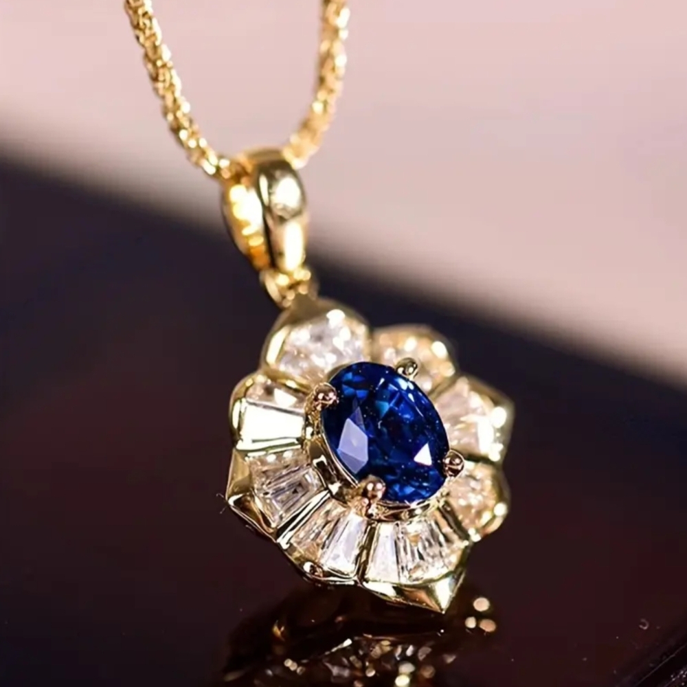 Oval Sapphire Blue CZ Halo Pendant Necklace